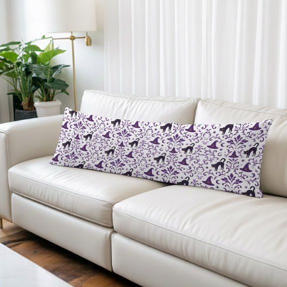 Purple Floral Halloween Body Pillow Cover, Pillowcase Protectors with Zipper, Breathable Decorative Throw Pillow Case Cover, Horror Black Cats Pillow Shams for Couch Sofa 20x60Inch