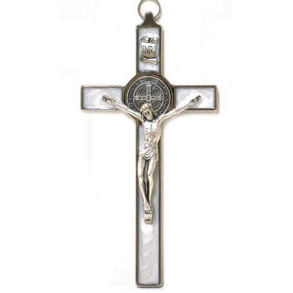 Saint Benedict Crucifix - All Metal with Inlaid Enamel and Silver Tone Corpus - 8'' in Height - MADE IN ITALY, White