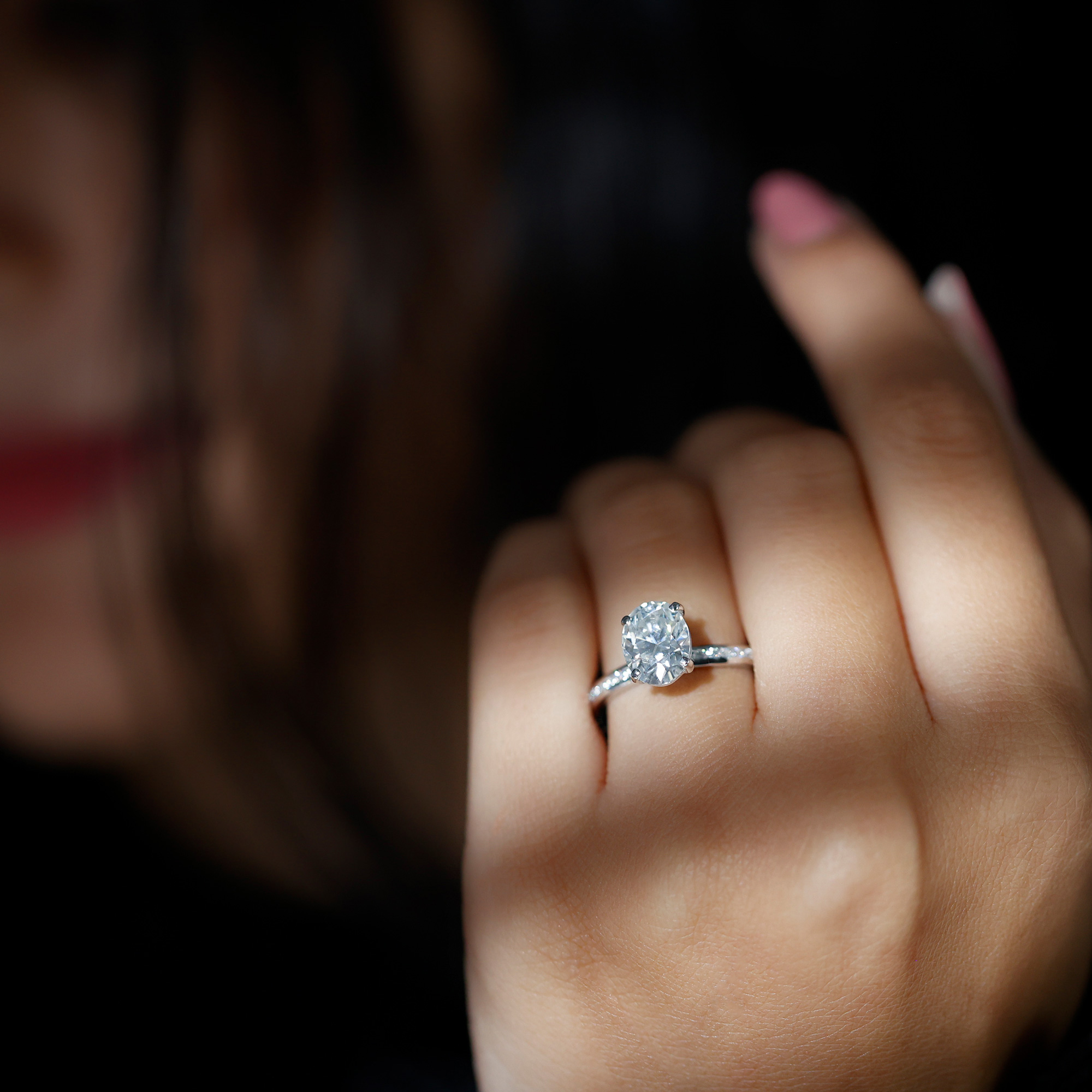 Rosec Jewels 2 Carat Oval Shape Moissanite Engagement Ring with Side Stones for Women (D-VS1 Quality) - with Jewelry Box, 14K White Gold, US 13.00