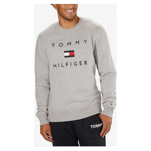 Tommy Hilfiger Men's Long Sleeve Fleece Logo Crewneck Sweatshirt Pullover, Gray, X-Large