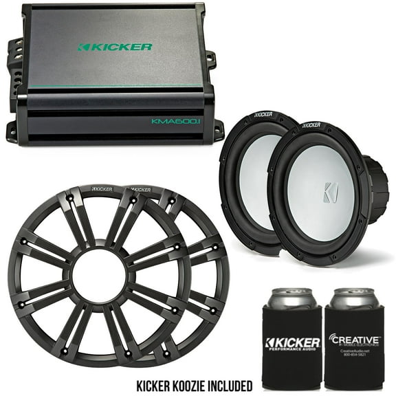 Kicker - Two 10 Inch LED Marine Subwoofers in Charcoal, 1 Pair with 600 Watt Amplifier Bundle