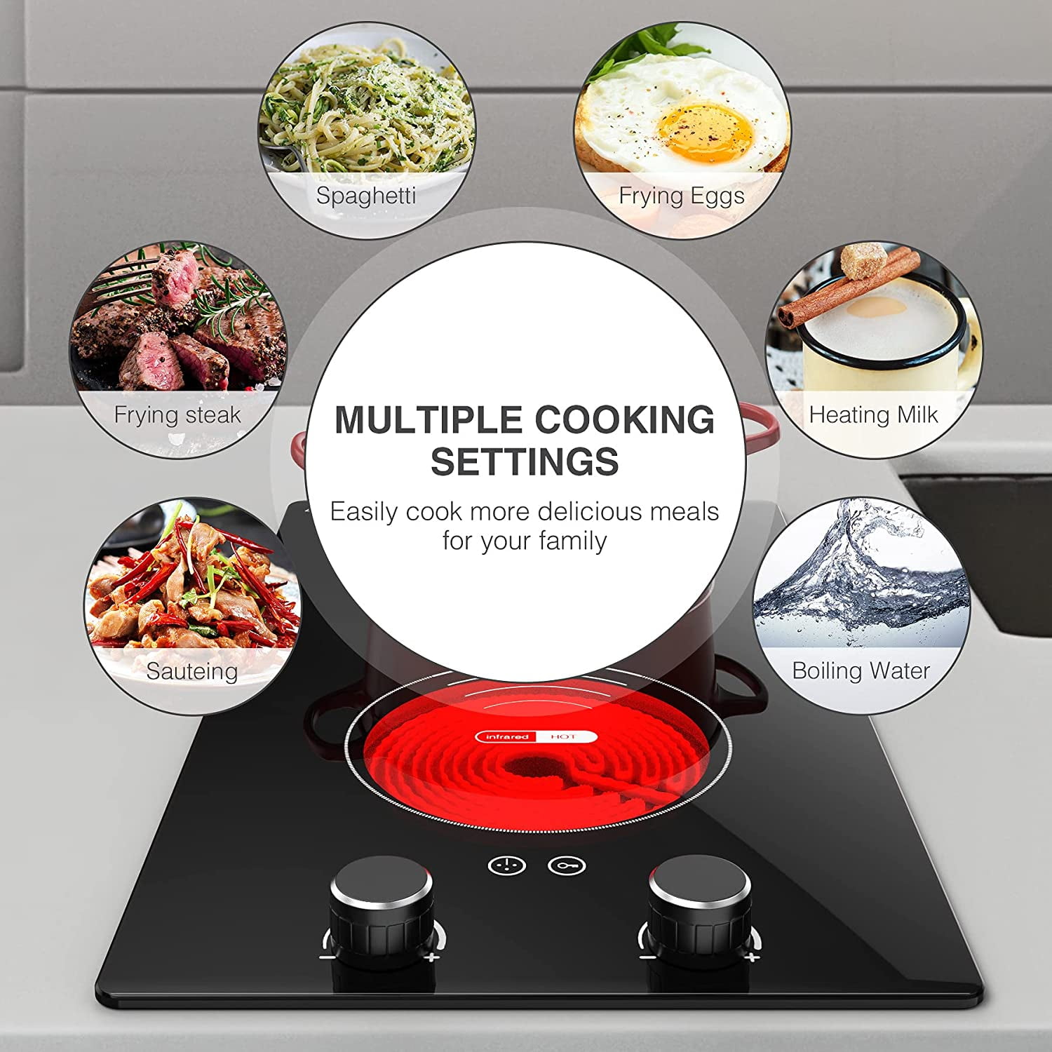 VBGK Electric Cooktop 2 Burner 12 Inch 2000W Electric Burner Countertop and Built-in Hot Plate for Cooking with Plug,120 Minutes Timer & Auto Shutdown Electric Stove,Child Lock Electric Stove Top