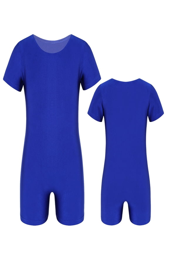 Girls Boys Short Sleeves Ballet Dance Unitard Leotard Stretchy Gymnastics Athletic Biketards Blue 4