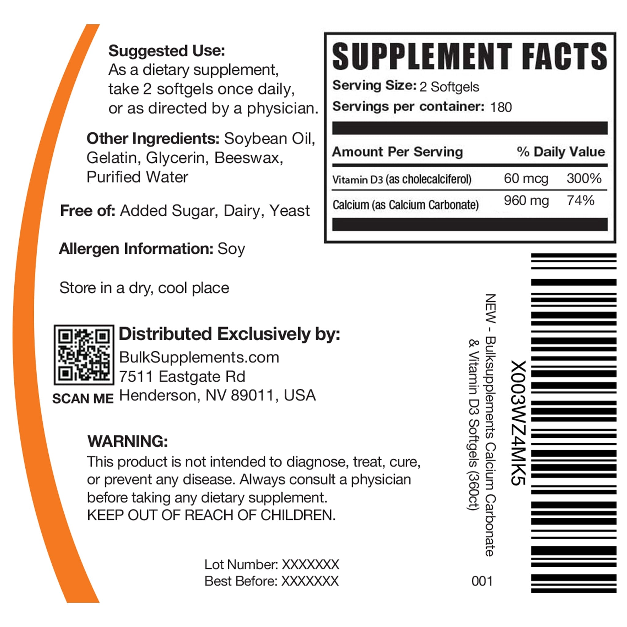 BulkSupplements Calcium Carbonate & Vitamin D3 Softgels - 960mg of Calcium per Serving (360 Softgels - 180 Servings)