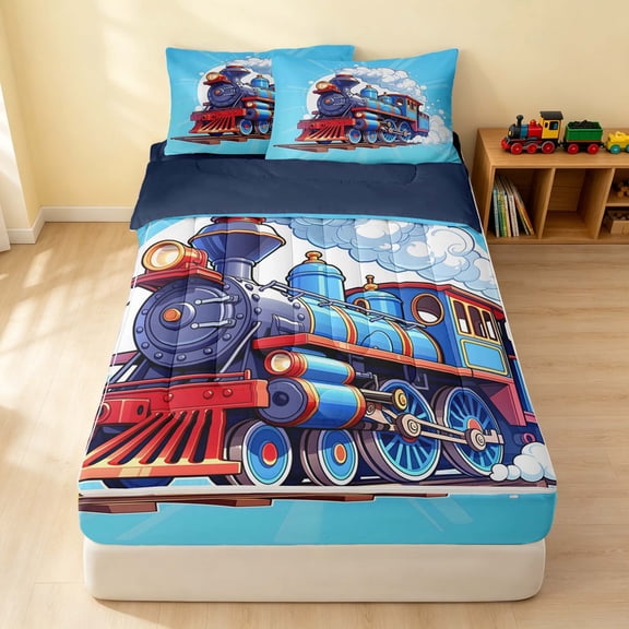 Erosebridal Train Zipper Twin Comforter Sets with Fitted Sheet and 2 Pillowcases, Steam Engine Zipper Bedding Set, Blue Cartoon, Navy Reversible