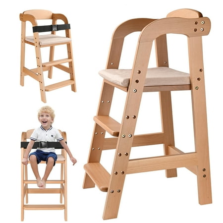 Wooden High Chair for Toddlers to Teens Adjustable Dining Chair Step Tool with Removable Cushion and Safety Belt Walmart