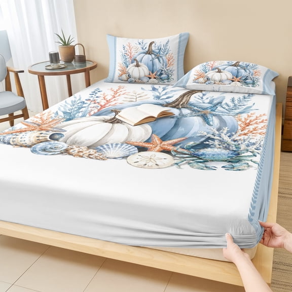Full Size Fitted Sheet Set - Coastal Fall 3 Piece Bedding Sets 16" Deep Pocket Fitted Sheet with 2 Pillowcases, Thanksgiving Blue Pumpkins Coral Starfish Brushed Microfiber Hotel Luxury Bed Sheets