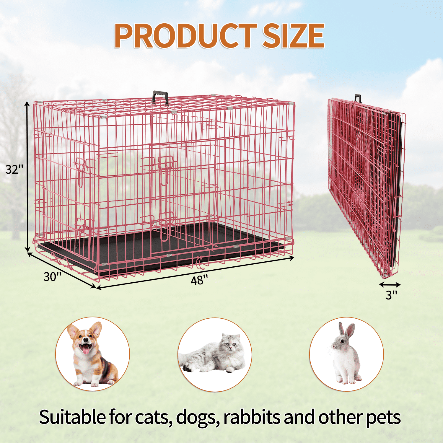 Dkelincs 48 inch Large Dog Crate Portable Foldable Dog Cage with 2 Doors, Handle, Plastic Tray, XXL Dog Kennel for Medium Large Puppy, Pink