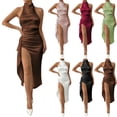 thumbnail image 1 of Mceream Womens Maxi Dress formal Plus Size Sleeveless Halter Ruched Side Slit Backless Elegant Long Dress for Party Wedding Cocktail Coffee S, 1 of 6