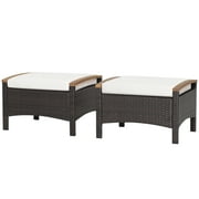 Topbuy Outdoor PE Wicker Ottoman Set of 2 Patio Rattan Footrest Seat with Soft Cushions & Curved Acacia Wood Handles Off White