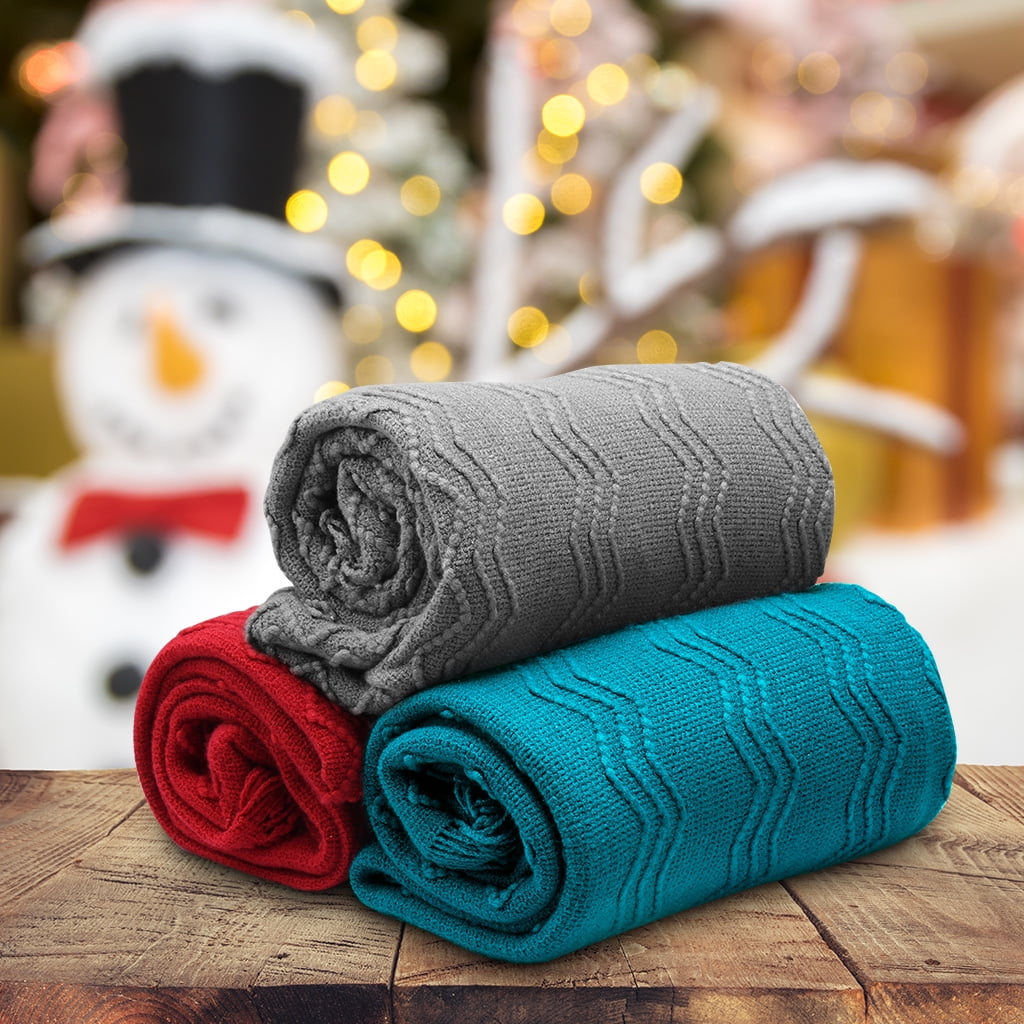 Christmas Sofa Blanket, Wavy Pattern Knitted Tasseled Fringe Throw