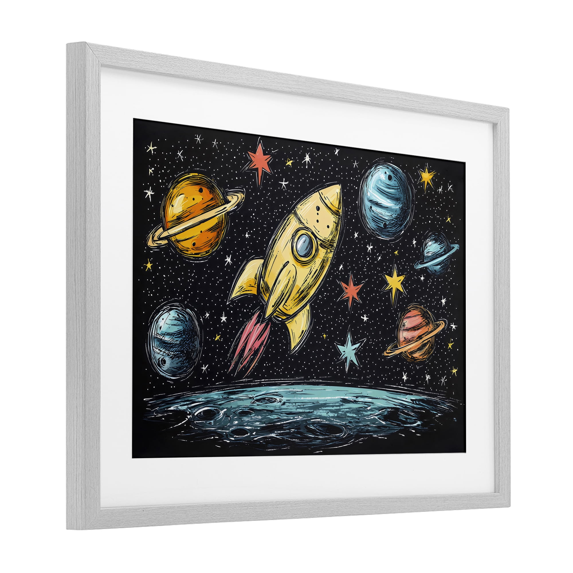 Stupell Industries Whimsical Rocket & Planets Gray Framed Print Under Glass, design by Creative Studio