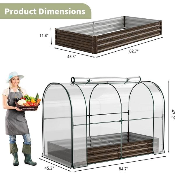 SLSY Galvanized Raised Garden Bed with PVC Cover,Metal Planter Bottomless Box w/ Roll-Up Window,Mini Greenhouse Tent for Vegetables Flower Fruit