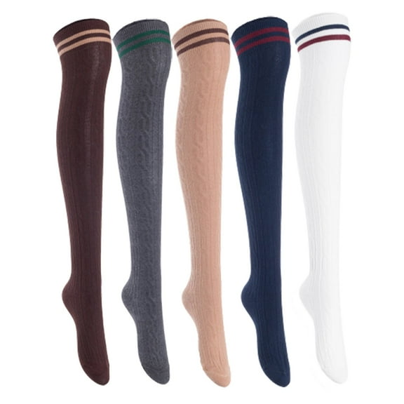 Lian Lifestyle Women's 5 Pairs Incredible Durable Super Soft Unique Over Knee High Thigh High Cotton Socks, Size US 6-9, JMYP1023 Coffee, Dark Gray, Khaki, Navy, White