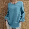 thumbnail image 2 of WREESH Womens Fashion Cotton Linen Shirt Solid Color Side Button Cotton Linen Round Neck T-Shirt Loose Long Sleeve Side Button Cotton Linen Lap Pullover Sky Blue, 2 of 6