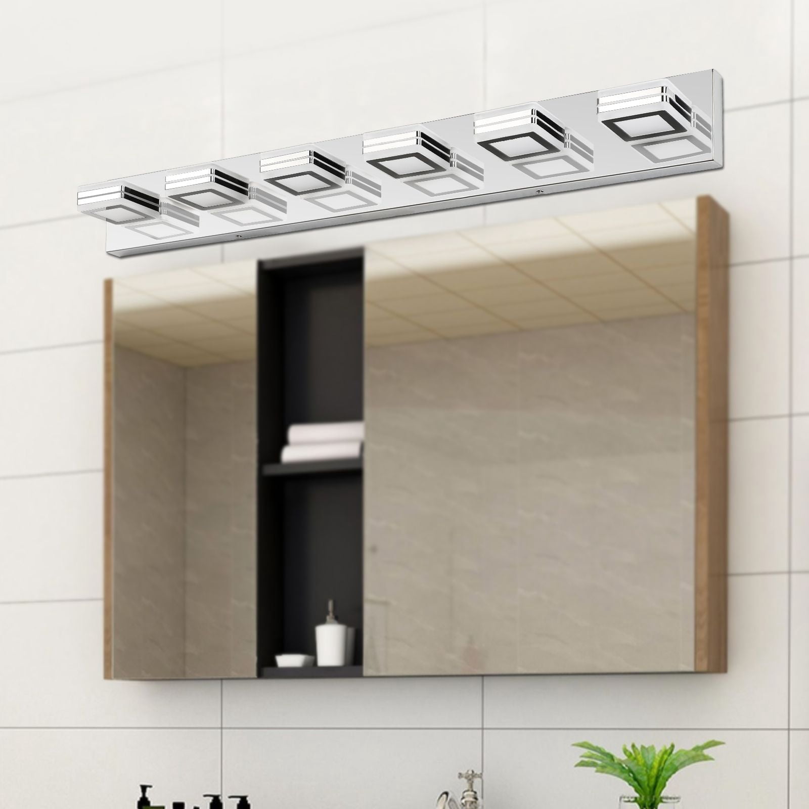 39" Modern 6-Light LED Vanity Light, Chrome Finish with Square Acrylic Shades, Adjustable Wall Sconce for Bathroom Mirror and Vanity Lighting, Hardwired
