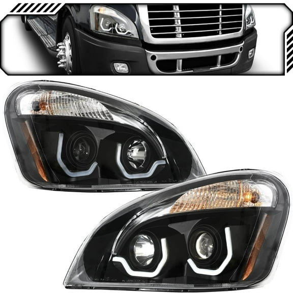 EPIC LIGHTING OE Style Halogen Headlights Black Bezel w/ White LED Running Light Assembly Replacement for FREIGHTLINER 08-17 CASCADIA [ A0651907006 A0651907007 ] Pair