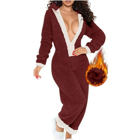 

Mrat One-Piece Pajamas Pajama for Men and Women Ladies Winter Zipper Front Hooded Lounge Jumpsuit Comfortable Pajamas Cute Cartoon Print Pajama Set