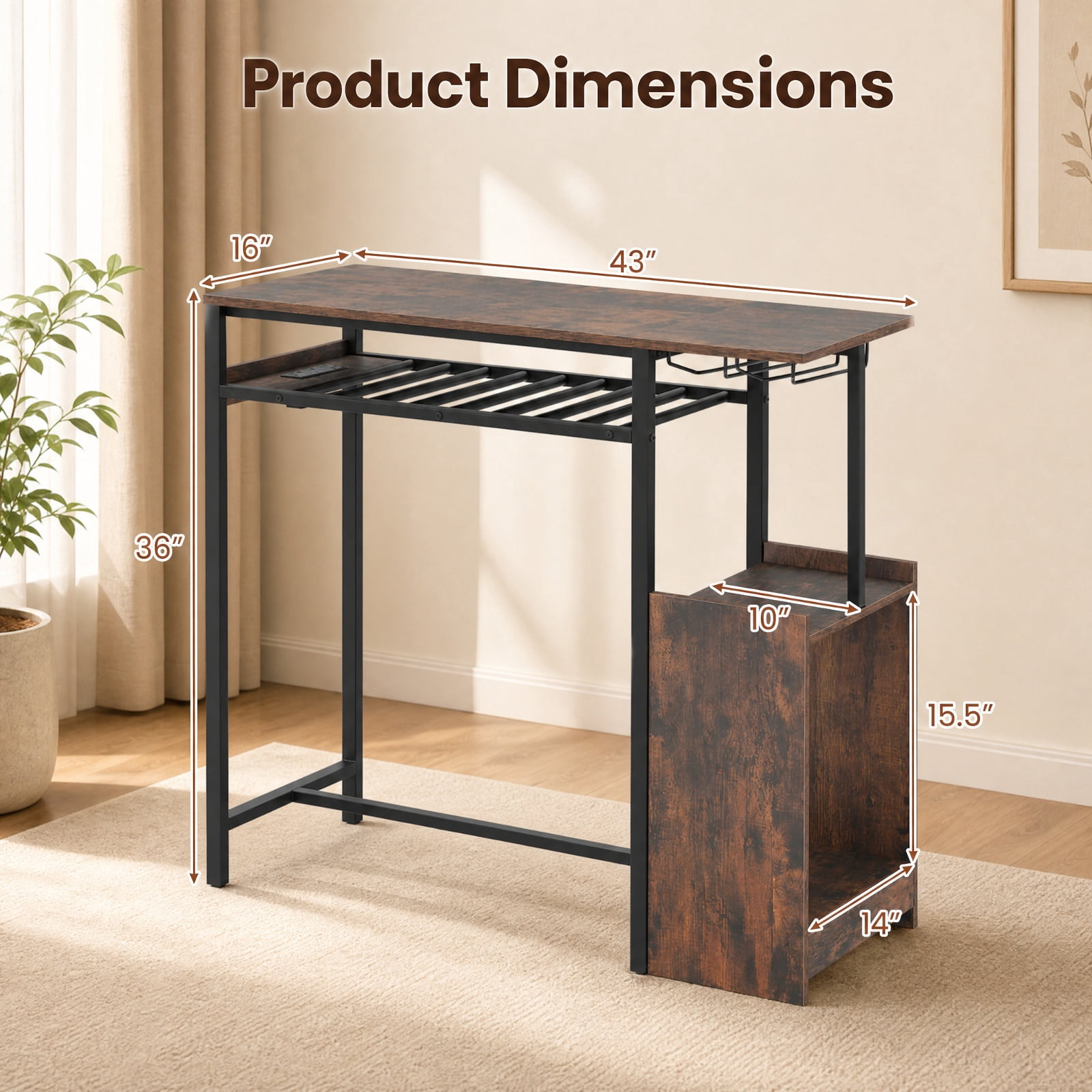 Furnibear Rectangular Bar Table with Charging Station and LED Light for Kitchen Dining Bar Bistro Pub Home Counter Height, Rustic Brown