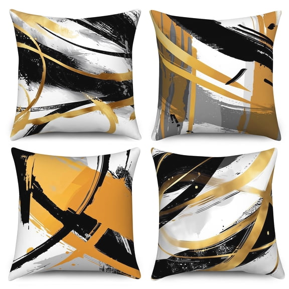 Black White and Gold Throw Pillow Covers 18x18 Set of 4,Abstract Modern Striped Pillow Cases for Bedroom Sofa Couch Decor