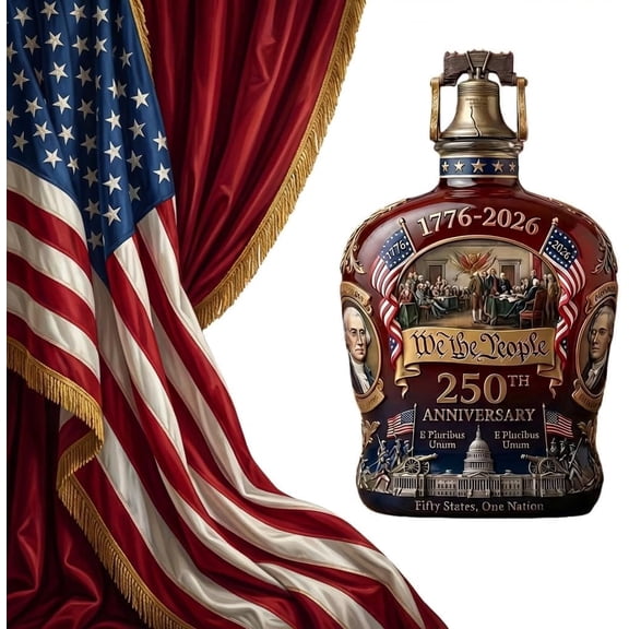 Esterze 250th Anniversary Commemorative Whiskey Decanter Bottle with Liberty Bell Stopper, “we the People” 1776-2026, Glass, Amber Brown, 9.4x5.9 Inches