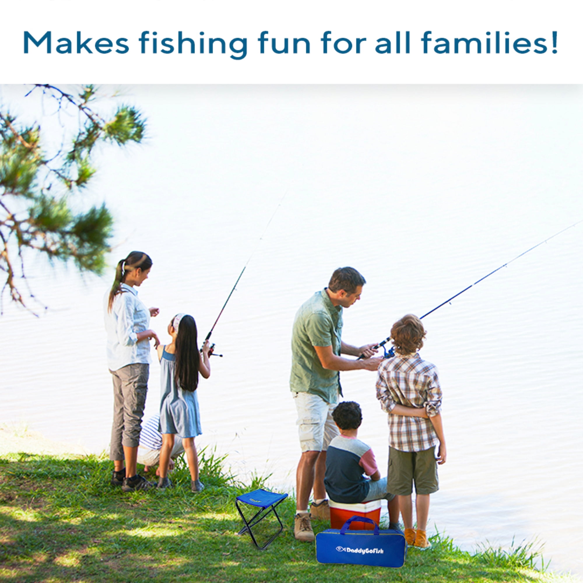 DaddyGoFish Kids Fishing Pole – Telescopic Rod & Reel Combo with Collapsible Chair, Rod Holder, Tackle Box, Bait Net and Carry Bag for Boys and Girls