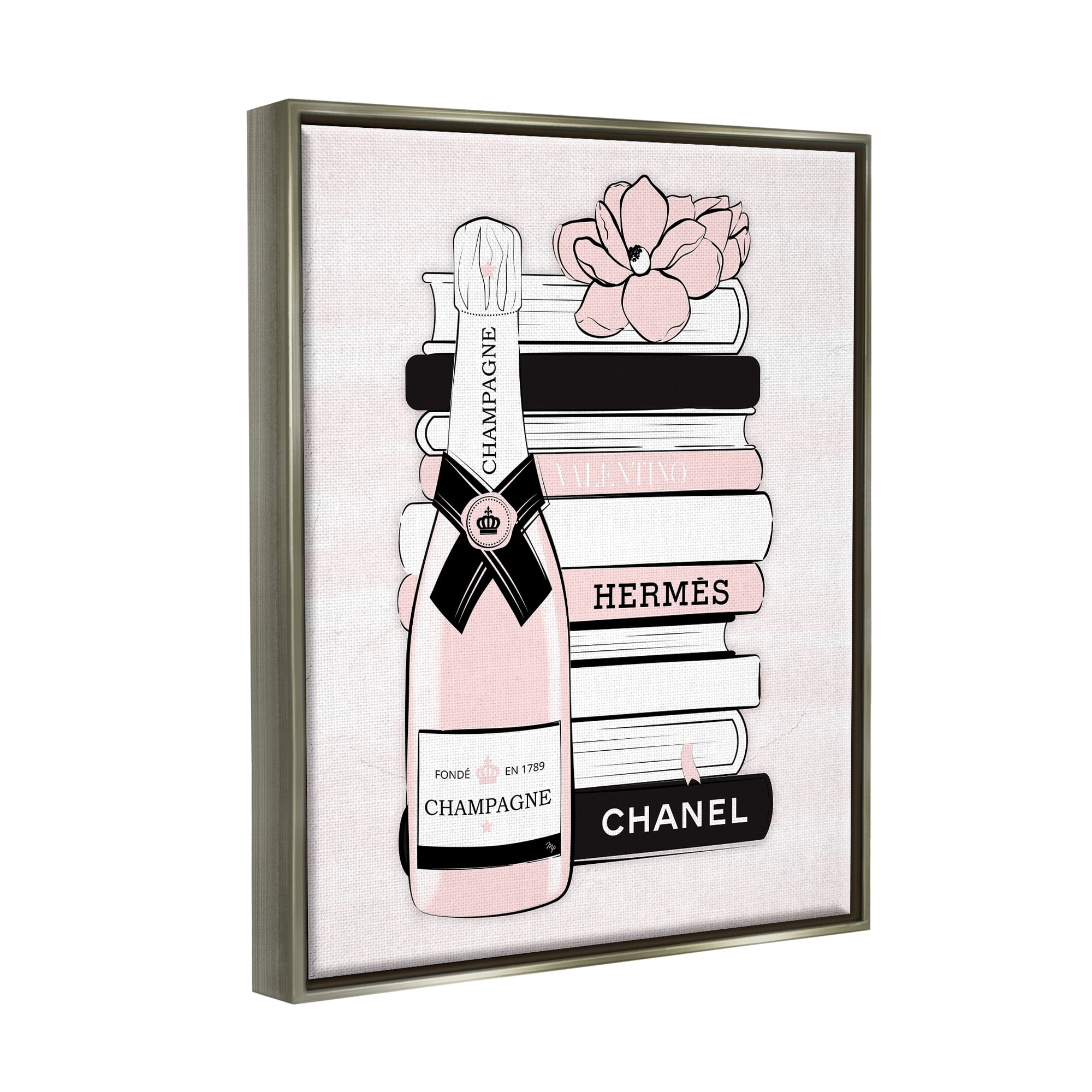 Stupell Industries Pastel Stacked Books Champagne Polished Glam Emblem Graphic Art Luster Gray Floating Framed Canvas Print Wall Art, Design by Martina Pavlova