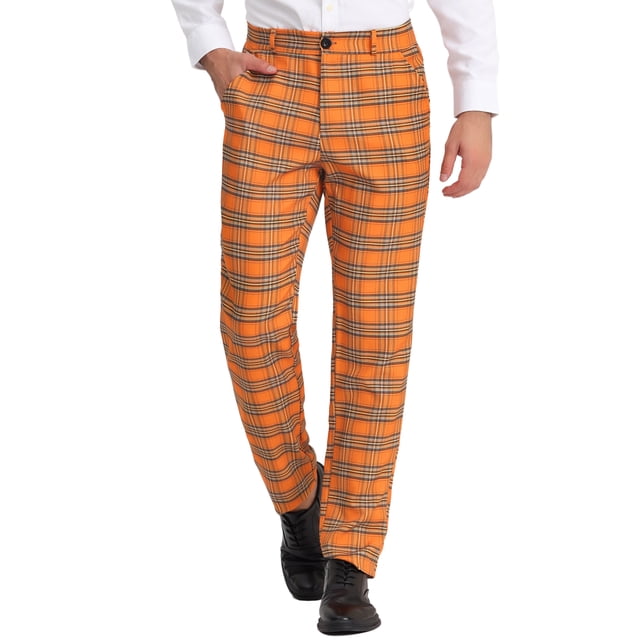 Pantalones de vestir a cuadros Lars Amadeus para hombre corte regular Naranja Blanco S