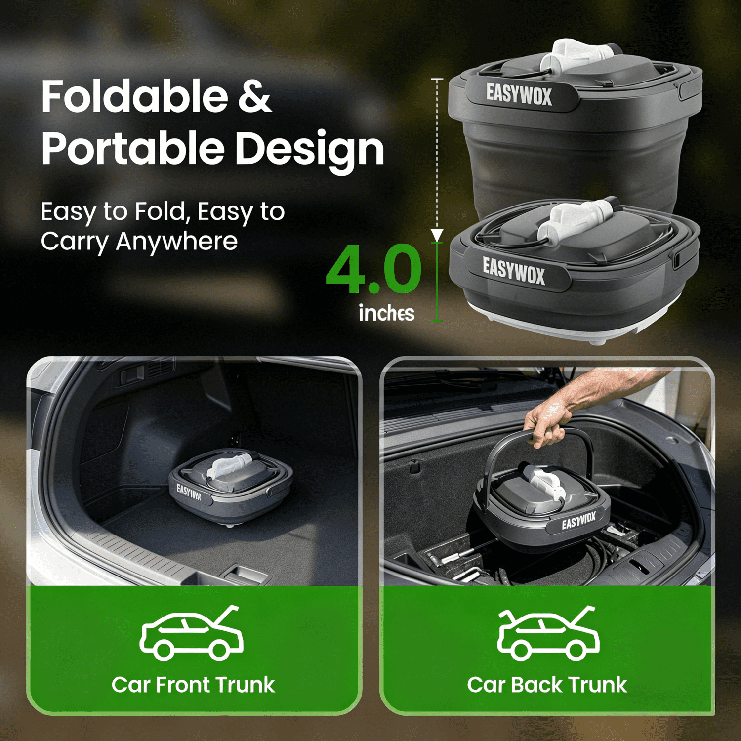 EasyWox Cordless Electric Pressure Washer, Foldable Portable, 3.2 gal Tank, 290 PSI, 4-in-1 Nozzle, Type-C Charging for Camping Car Bike Pet Garden