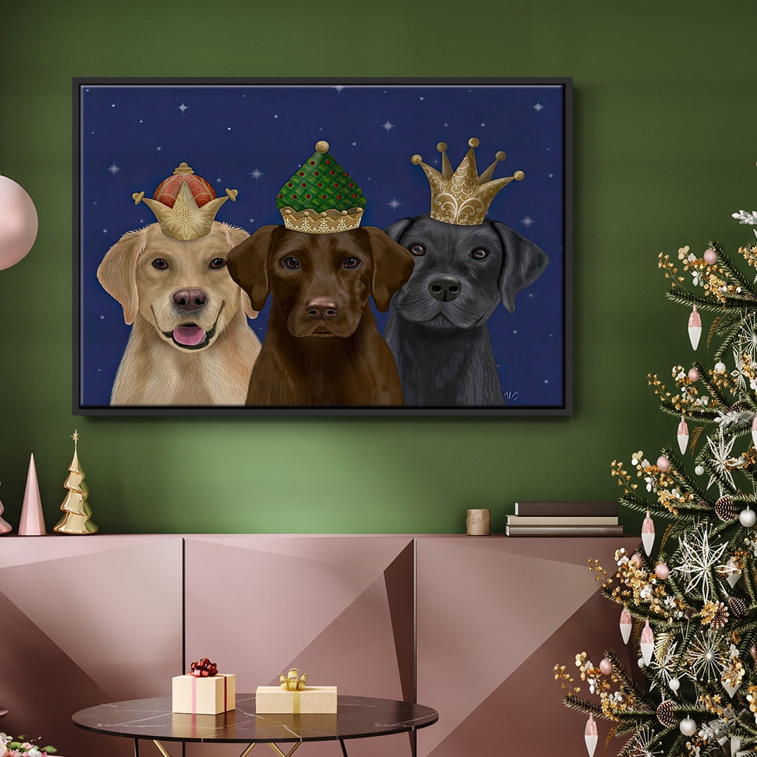 Christmas Labradors, Three Kings - Framed Gallery Wrapped Holiday Canvas - 25 x 37 - Black Frame