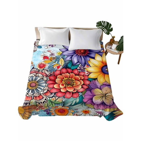 California King Flat Sheet 108"x98", Boho Flowers Soft Lightweight Bedding Flat Sheets Only, Bohemia Ethnic Floral Colorful Floral Brushed Microfiber Top Bed Sheet, Breathable Bedsheets