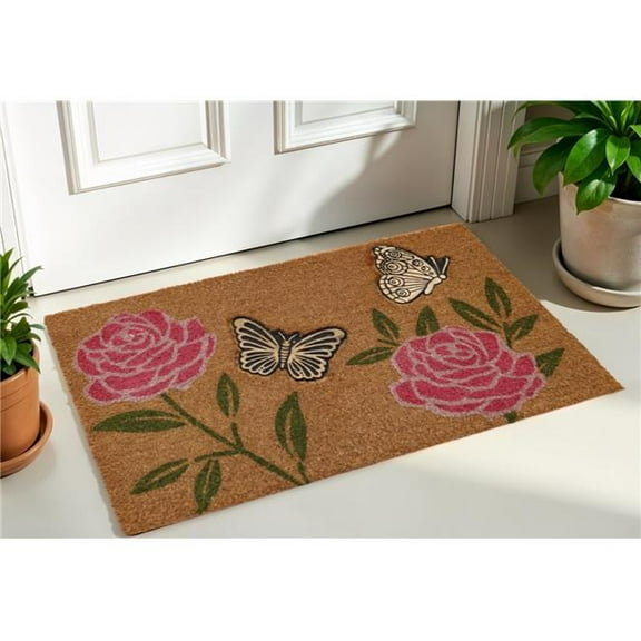 HomeRoots 572261 18 x 30 in. Beige & Pink Coir Floral Outdoor Door Mat