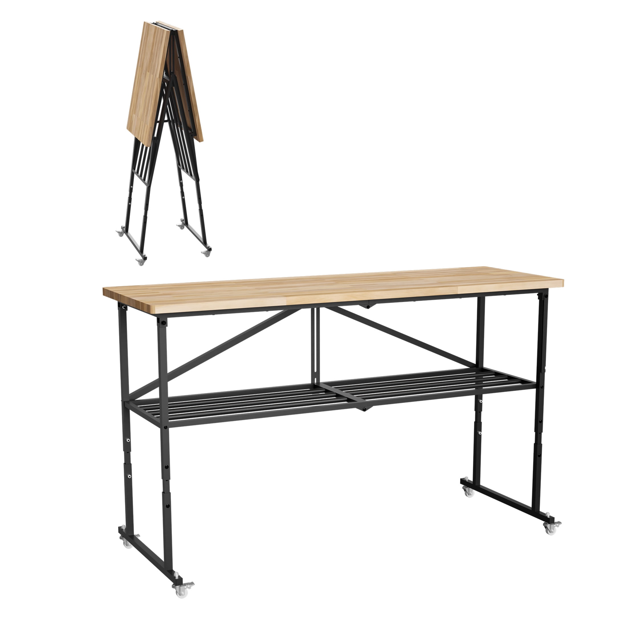 Noble House 68" Smart Heavy-Duty Folding Butcher-Block Workbench, Portable Adjustable Wood Utility Table, Natural