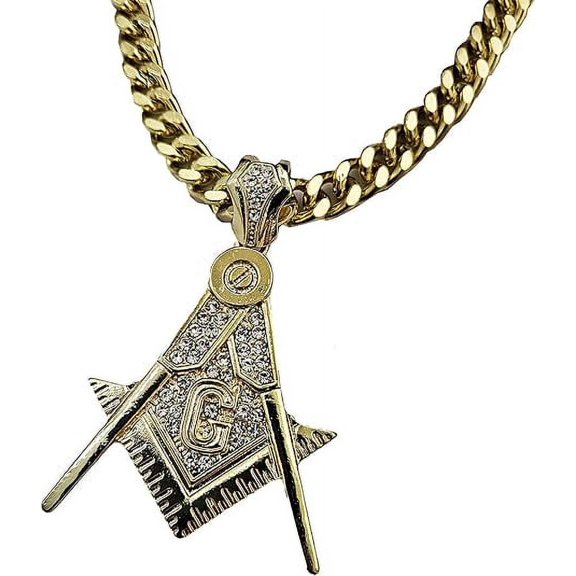 Iced Gold Plated Large Masonic Freemason Charm Cubic Zirconia Pendant & 10mm 30" Cuban Chain Hip Hop Rapper Style Jewelry Fashion Necklace Gift