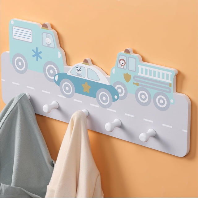 Kids Coat Hooks Rack Wooden Hanger Rail with Pegs Wall Mounted Children&#;s Coat Rack with Hooks Cute Animals Design