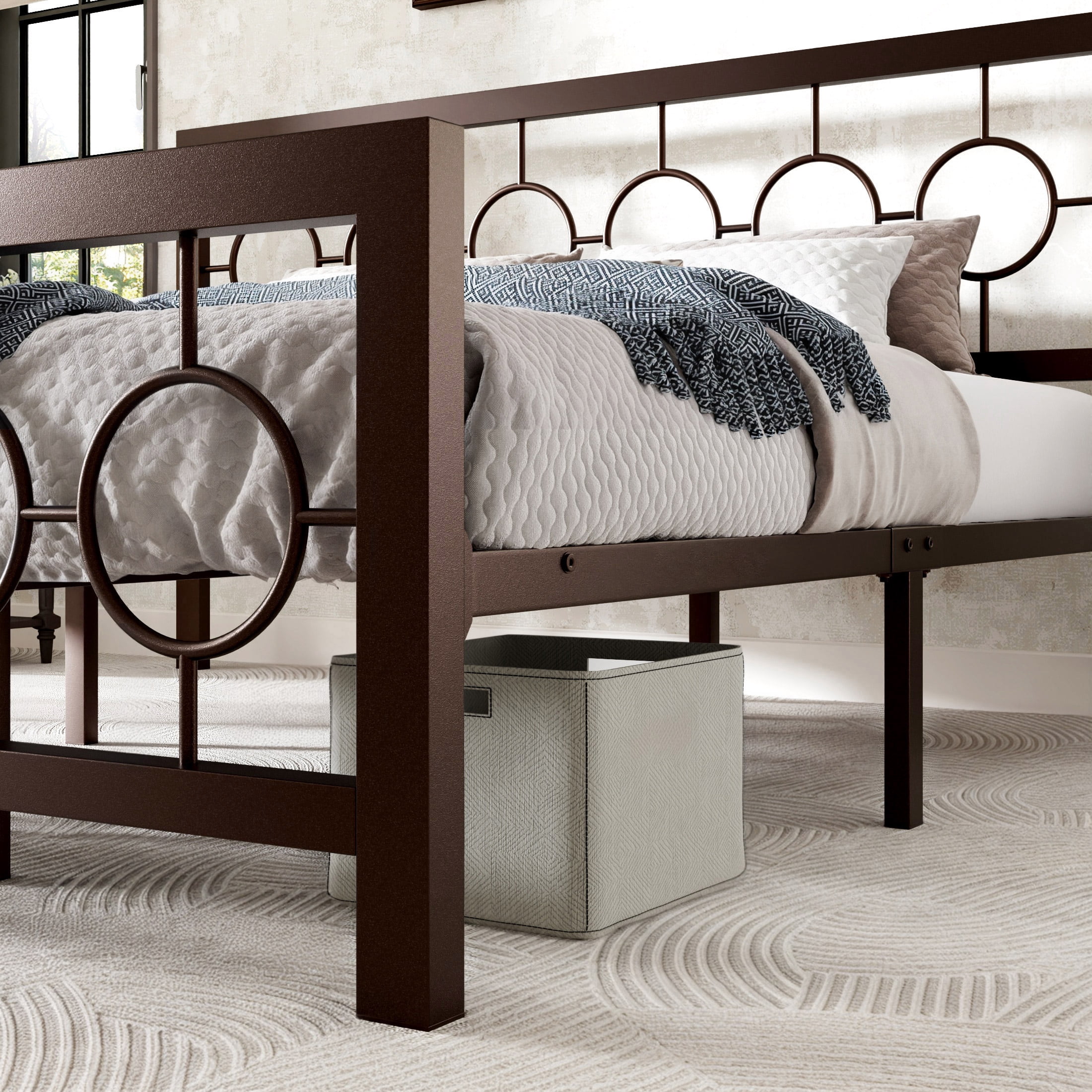 Sha Cerlin Brown King Size Metal Platform Bed Frame with Vintage Headboard & Footboard, Adult