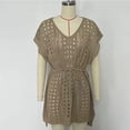thumbnail image 5 of Crochet Coverups Beach Short Dress for Women Summer 2026 Cap Short Sleeve Tie Waist Swimsuit Bikini Cover Up (One Size, Khaki), 5 of 8