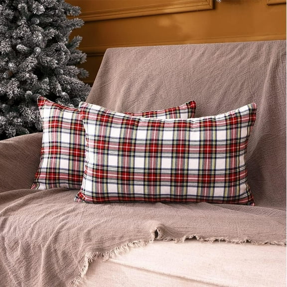 White Tartan Plaid Christmas Lumbar Pillow Covers 12x20 Set of 2 White Scottish Christmas Lumbar Throw Pillows Traditional Christmas Decor for Living Room Couch Sofa