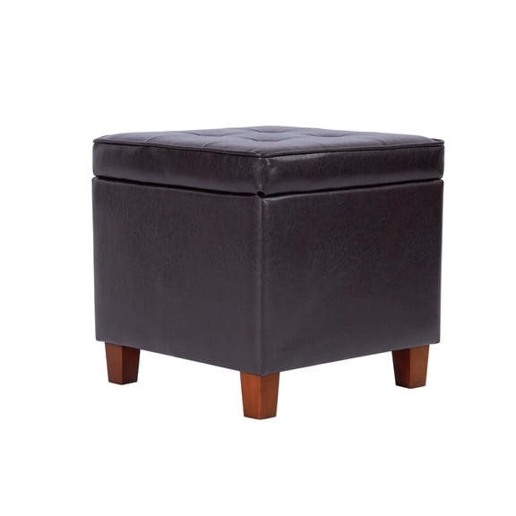 Leatherette Tufted Square Storage Ottoman with Hinged Lid, Brown Small