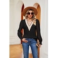 thumbnail image 3 of Women's V-Neck Lace Patchwork Loose Long Sleeve Knit Cotton T-shirt for Autumn/Winter, 3 of 8
