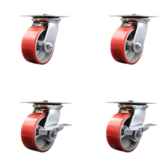 5 Inch Red Poly on Cast Iron Swivel Caster Set with Roller Bearings 2 Brakes