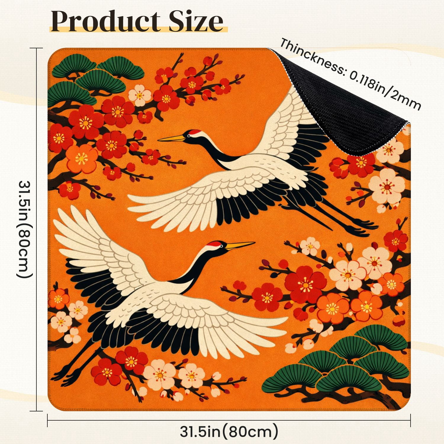 Mahjong Mat 31.5" x 31.5" Cranes Red White Plum Blossoms Traditional Japanese Style Non-Slip Noise Reduction Mahjong Tiles Table Cover for Dominoes Poker Card Board and Tile Games