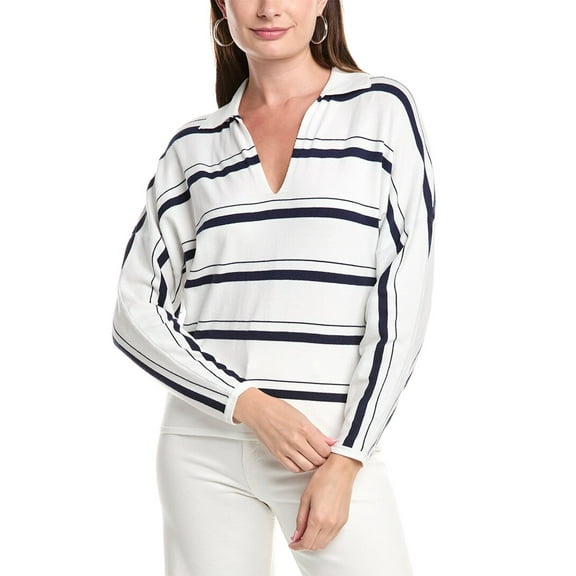 T Tahari womens Split Neck Striped Sweater, XL, White