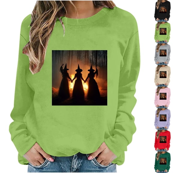 Jsaierl Halloween Sweatshirts for Women Cute Witch Graphic Pullovers Vintage Classic Crewneck Long Sleeve Sweater Tops Halloween Party Supplies, Sizes S-2XL