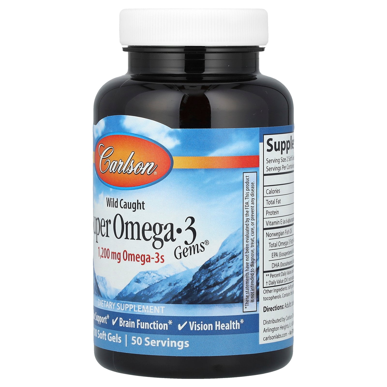 Carlson - Super Omega-3 Gems, 1200 mg Omega-3s, Norwegian, Wild Caught, Sustainably Sourced, Bonus Bottle, 100+30 Softgels