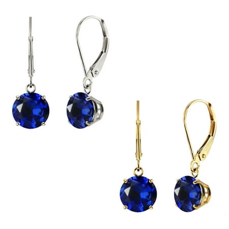 10k White Gold 8mm Round Lab-Created Blue Sapphire Leverback Dangle Earrings