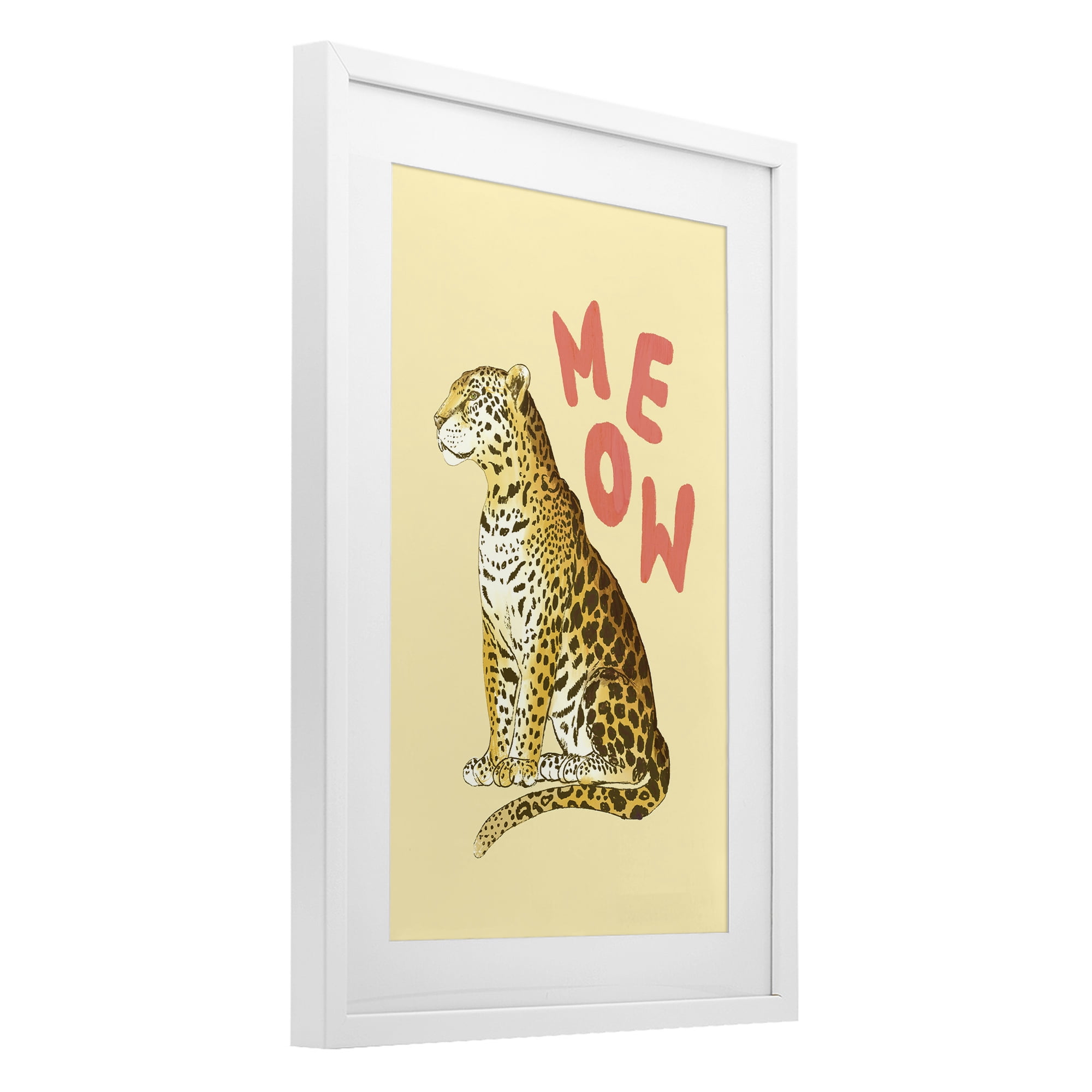 Stupell Industries Meow Leopard on Yellow White Framed Print Under Glass, design by Florentina Dolci