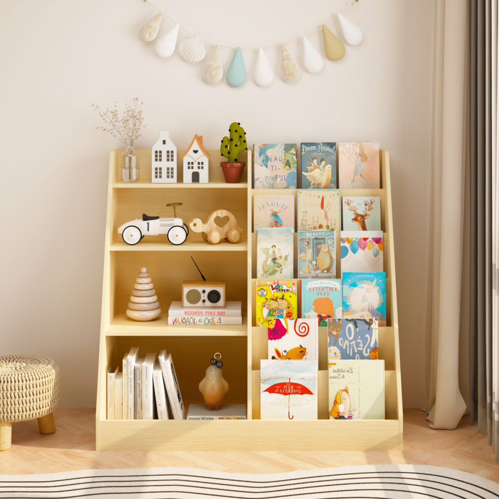 4 Tier Kids Bookshelf for Nursery, Baby Toddler Bookshelves Toy Organizers and Storage Bookcase, Wooden Children Book Shelf for Kids Rooms Classroom (Natural)