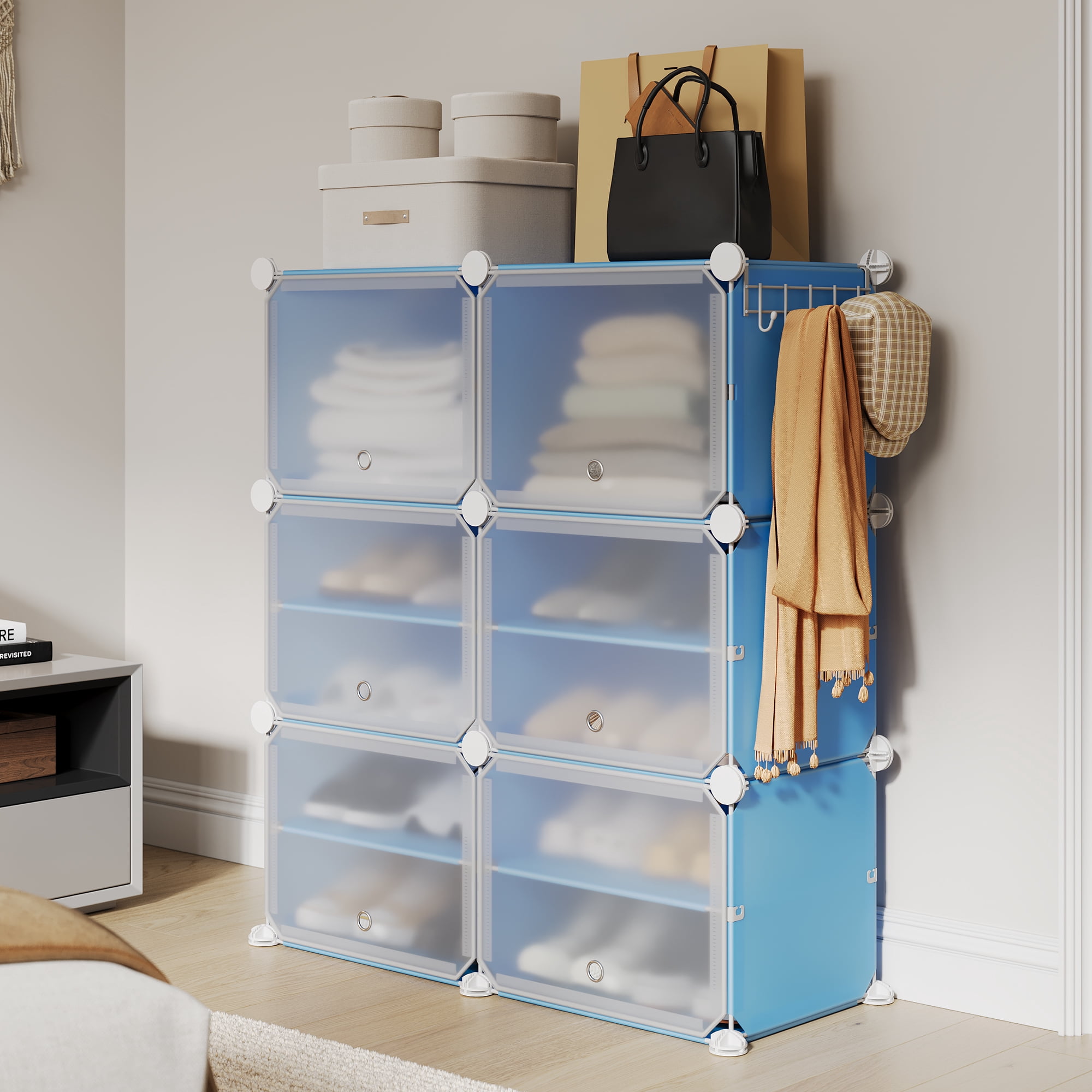 Modular 6-Cube Shoe Storage Cabinet with Doors – 6-Tier Plastic Shoe Organizer – Space-Saving – Easy DIY Assembly – for Entryway, Bedroom, Living Room – Blue