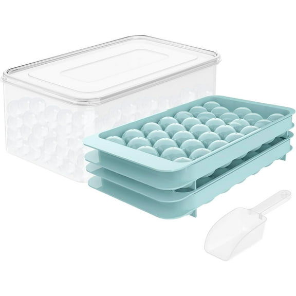 Ice Cube Tray with Lid & Bin, Ice Ball Maker Mold for Freezer with Container Circle Ice Cube Tray Making 66pcs 1" Sphere Ice Chilling Cocktail Tea Coffee (Blue)